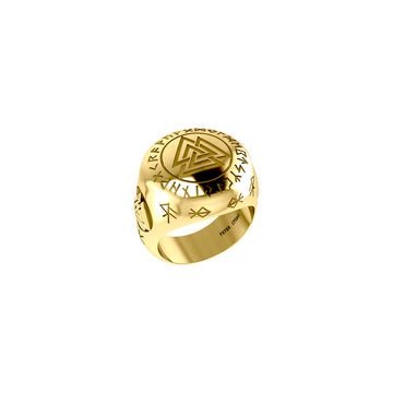 Norse Viking Valknut Solid Yellow Gold Ring with Rune Symbols GRI2413